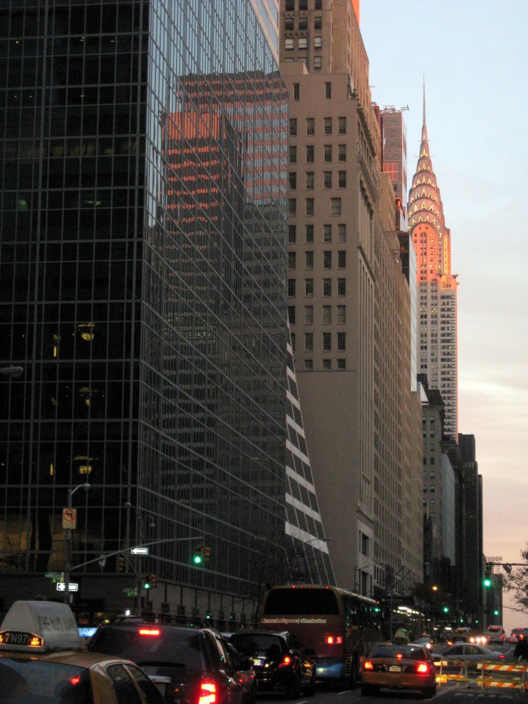 The sun sets on 42nd St. and the iconic Chrysler Building